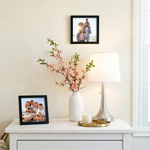 Americanflat 4x4 Picture Frame - Slim Molding - Black | Shatter-resistant glass, wall or tabletop display with included easel, triangle hangers included, secure turn-tab backing - color: Black, size: 4x4