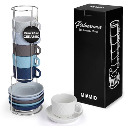 MIAMIO - 6 x 2.5 oz Stoneware Espresso Mug, Cup Set Modern with Stand and Saucers - Palmanova Collection (Ocean Blue) - color: Ocean Blue