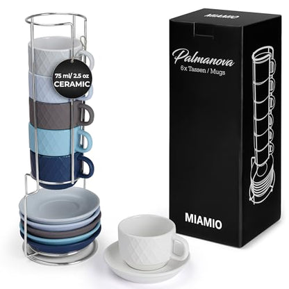 MIAMIO - 6 x 2.5 oz Stoneware Espresso Mug, Cup Set Modern with Stand and Saucers - Palmanova Collection (Ocean Blue) - color: Ocean Blue
