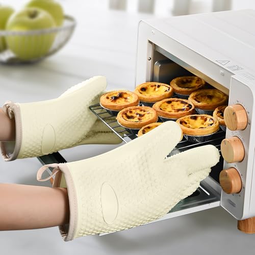 1 Pair Oven Mitts, Heat Resistant Protective Oven Gloves, Cotton Lined Silicone Kitchen Mitts Pair, Nonslip Silicone Cooking Gloves with Fingers (White) - color: White