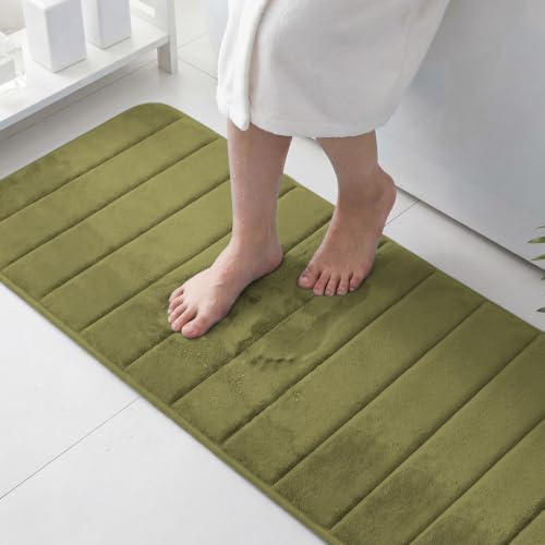 Flamingo P Memory Foam Bath Mat Rug, Non Slip and Absorbent Bath Runner Rug Quick Dry Bathroom Rugs, Machine Wash, Thick Bath Rug Carpet for Bathroom Floor, Tub and Shower, 47x17 Inches, Olive - color: Olive Straight Line, size: 47" x 17"