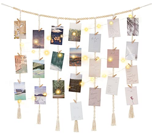 Mkono Hanging Photo Display, Boho Macrame Wall Decor with Lights, Ivory | 45 Clips, String Lights, Teen Girl Stuff Gifts, Wooden Beads Banner, Pictures Postcards Holder, Bedroom Living Room Dorm - color: Ivory, size: Large