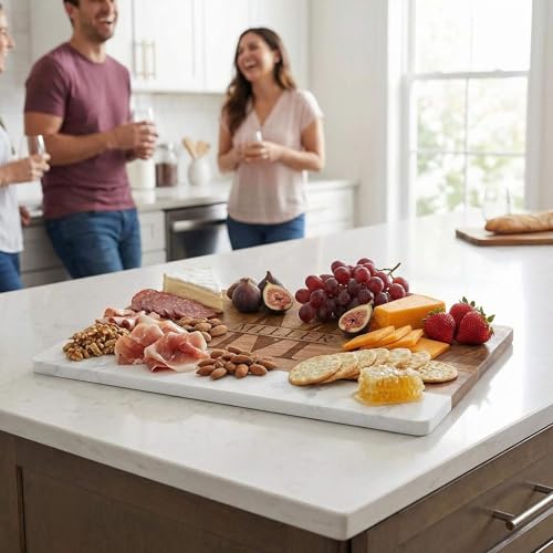 HomeWetBar Personalized Acacia Charcuterie Board With cheese Knives | Custom 16 x 9 x 1/2 White Marble & Acacia Wood Cheese Board | Perfect Housewarming + Wedding + Couples Gift Idea - style: Winslow Cheese Board + Cheese Knives