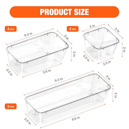 ValueMax 9PCS Clear Drawer Organizer Set with Non-Slip Pads, 3 Sizes | Clear PET Drawer Organizers, Non-Slip Pads, Stackable Design, 3 Sizes for Neat Customizable Storage