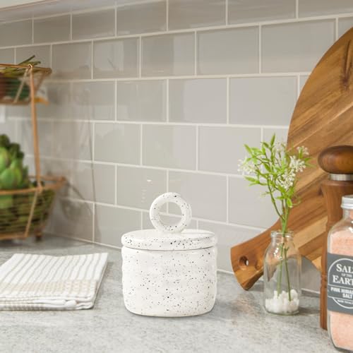Salt Cellar Keeper with Ceramic Lid, Big Capacity Ceramic Sugar Bowls Pepper Box, Speckled Glaze Seasoning Container Condiment Pot for Kitchen (White) - color: White
