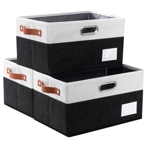 Foldable Storage Bins with Handles [3-Pack] Fabric Collapsible Storage Boxes Baskets Cubes Containers with Handles for Closet Living Room Bedroom (Black & White 14.9x9.8x8.3'') - color: Black & Cream, size: Large(3-Pack)