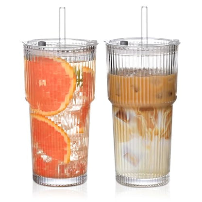 20oz Ribbed Glass Cups with Lids and Straws,2PCS Glass Tumbler with Straw and Lid,Iced Coffee Cups Drinking Glasses for Juice Whiskey Cocktail Beer