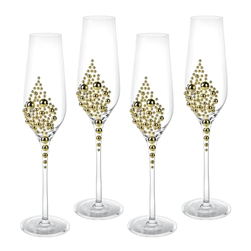 MyGift Champagne Flutes 6 oz, Clear Glass Stemmed Toasting Glasses with Faux Gold Pearls – Wedding, Bridal Shower & Bachelorette Party Glassware Set of 4 - color: Gold