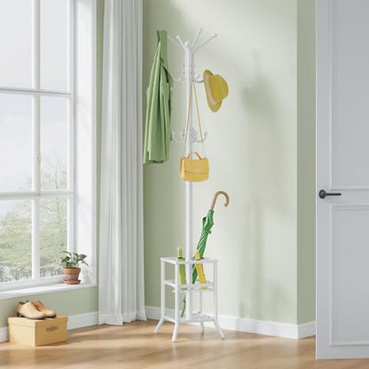 FAVOOSTY Coat Rack Freestanding,Coat Rack Stand with Umbrella Holder,Metal Coat Tree with 12 Hooks,Tree Clothes Hat for Entryway, Hallway, Bedroom, Living Room & Office -White - color: White