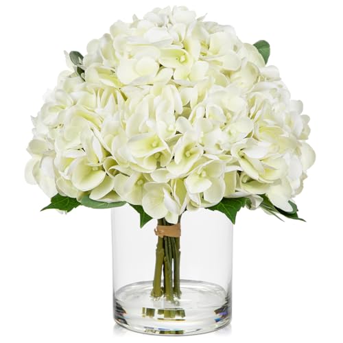Hollyone Real Touch White Hydrangea Artificial Flowers in Vase Latex Large Faux Hydrangea Flowers Arrangements Hydrangeas Fake Flower with Glass Vase with Faux Water for Table Centerpiece Home Decor - color: Large - White