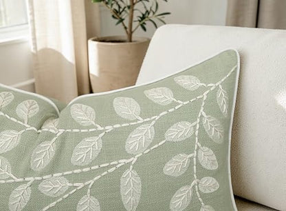 Rudransha Hand Embroidered Cotton Lumbar Pillow Cover - 12x20 Light Green Botanical Leaf Accent - Hazel Leaves - color: Light Green-hazel, size: 20" x 12" (Pack of 1)