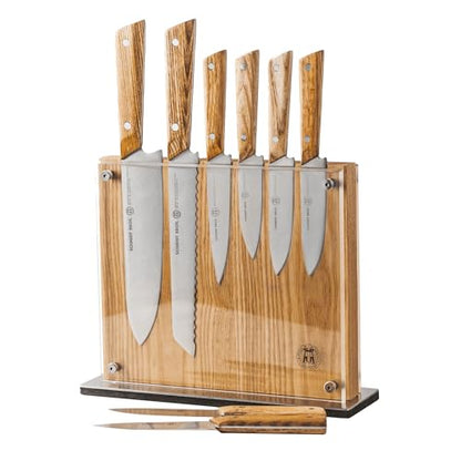 Schmidt Brothers - 9-Piece Natural White Oak Hex Knife Set, High-Carbon Stainless Steel Cutlery with Natural White Oak and Acrylic Magnetic Knife Block - color: White Oak Hex, size: 9