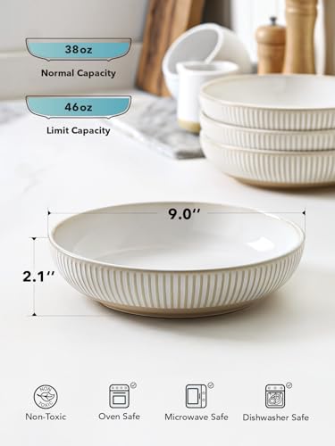 LE TAUCI Pasta Bowls 46oz, Large Salad Bowl, Ceramic Embossment Stoneware Serving Plate Bowl for Fruits, Noodle, Dinner, House-warming Wedding Present - 9 Inch, Set of 4, Arctic White - size: 9 Inch