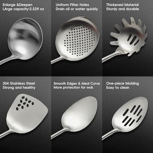 Izurok 18/10 Stainless Steel Kitchen Utensils Set,6 Piece Cooking Utensils With Wood Handle,Heat Resistant Kitchen Tool Set With Spatula, Spoon, Ladle, Skimmer, Slotted Spoon, Pasta - color: SILVER-6 Pieces, size: Large