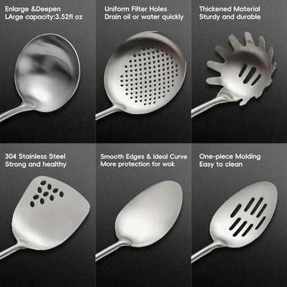 Izurok 18/10 Stainless Steel Kitchen Utensils Set,6 Piece Cooking Utensils With Wood Handle,Heat Resistant Kitchen Tool Set With Spatula, Spoon, Ladle, Skimmer, Slotted Spoon, Pasta - color: SILVER-6 Pieces, size: Large