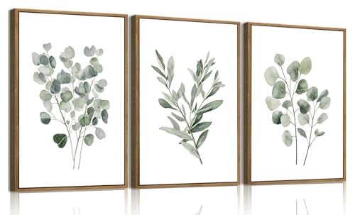 Framed 3 Piece Green Botanical Wall Art Boho Eucalyptus Leaf Artwork | Watercolor Plant Pictures Wall Decor Minimalist Aesthetic Greenery Paintings for Bathroom Kitchen 12x16in - color: Botanical-3, size: 12x16 Natural