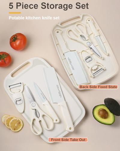 SUJAYU 5 in 1 Mini Knife and Cutting Board Set, Small Camping Cutting Board Cutting Board Scissors, Dorm Kitchen Essentials Travel Knife Set (Beige) - color: Beige