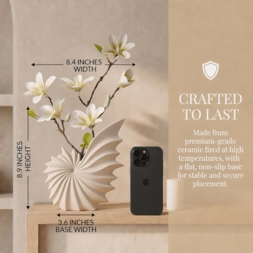 White Ceramic Seashell Vase for Pampas Grass and Flowers | Modern Tabletop Coastal Home Decor Accent for Living Room, Coffee Table, Entryway, Bookshelf and Dining Table