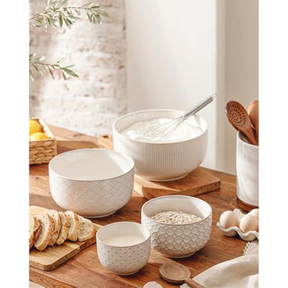 Mikiegy Ceramic Mixing Bowls Set of 4, Nesting Ceramic Embossment Stoneware Mixing Bowls for Cooking, Serving, Popcorn, Salad etc, Microwave & Dishwasher Safe, 20/44/98/145 oz, Off-White - size: 20&44&98&145 oz
