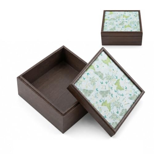 Wooden Decorative Storage Box, 7.7" Embroidered Butterfly Lid | Removable lid doubles as tray. Butterfly memory chest for treasures, keepsakes, jewelry & gifts - color: Green