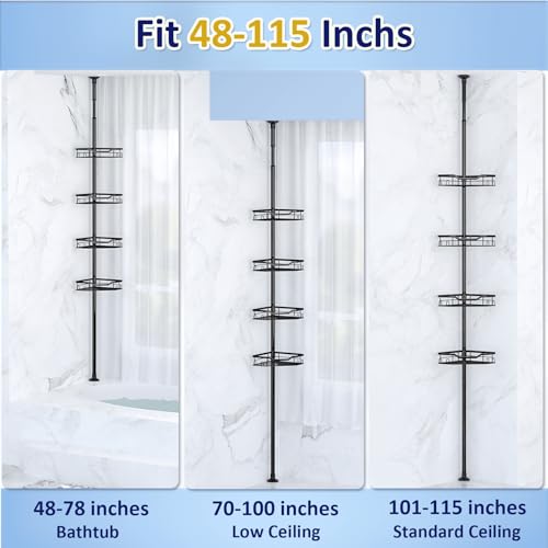 Shower Caddy Corner, 4 Tier Adjustable 48 to 115 Inch Adjustable Rustproof Corner Shower Caddy Tension Pole, Floor Standing Bath Rack with Rod (4 Tier - Triangular)