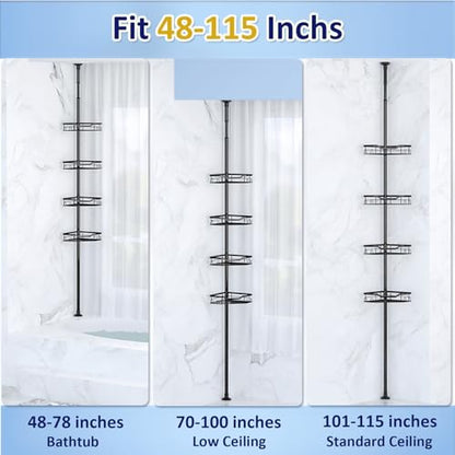 Shower Caddy Corner, 4 Tier Adjustable 48 to 115 Inch Adjustable Rustproof Corner Shower Caddy Tension Pole, Floor Standing Bath Rack with Rod (4 Tier - Triangular)