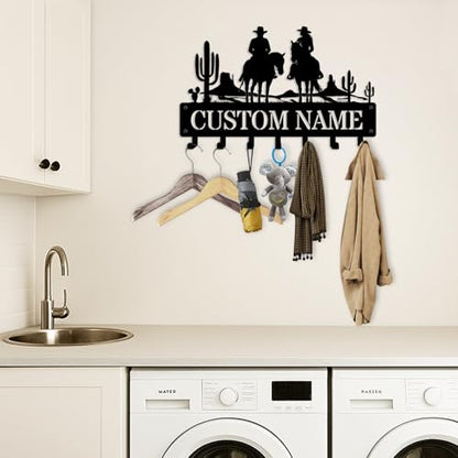 NIWAHO Personalized Key Holder Wall Mount Western Cowboy Couple Riding Horse Metal Key Hooks – Custom Name Wall Rack for Entryway, Kitchen, Bedroom, Wedding or Housewarming Gifts - color: Cowboy & Cowgirl