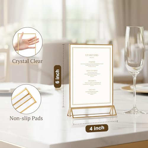 EHWINE 6 Pack Acrylic Sign Holder 4 x 6, Double Sided Gold Picture Frame Stand up Table Top Sign Holders, Clear Display Stand Menu Flyer Holder for Wedding Party