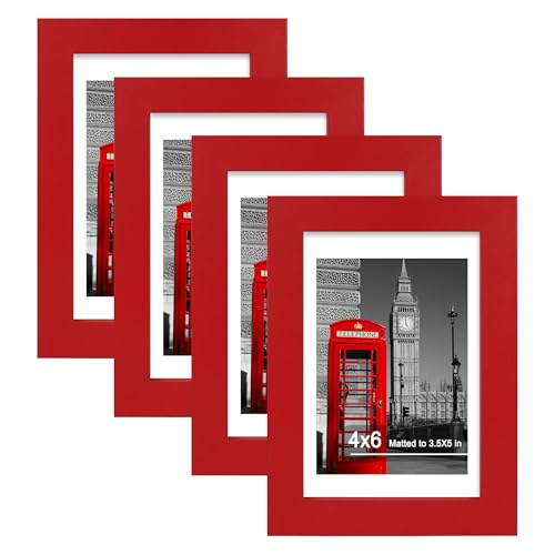 Hongkee 4x6 Picture Frame (4 Pack, Red), Made of Real Glass and Wooden Frame - Display Pictures 3.5x5 with Mat or 4x6 Without Mat, 4 by 6 Photo Frames TableTop Display and Wall Mounting - color: Red, size: 4x6 in