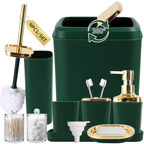 XLHOMO Bathroom Set, 9PC Bathroom Accessory Set, Green Bathroom Accessories, Green Bathroom Set, Trash Can, Soap Dispenser for Home Decor - color: Dark Green and Gold, size: Bathroom Set