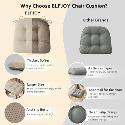 ELFJOY Dining Chair Cushions Set of 2 Non Slip 18"X18"X3" Beige | Thick,Textured Fabric, with Ties, Tufted, Large, for Kitchen, Dining Room, Indoor, Bedroom, Living Room, Office, Comfortable - color: Beige