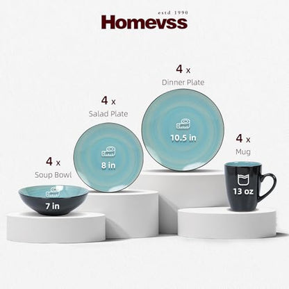 HomeVss Sonoma 16 Piece Stoneware Dinner Set, Outside Black + Inside Handpainted Color Turquoise with speckle - color: Turquoise
