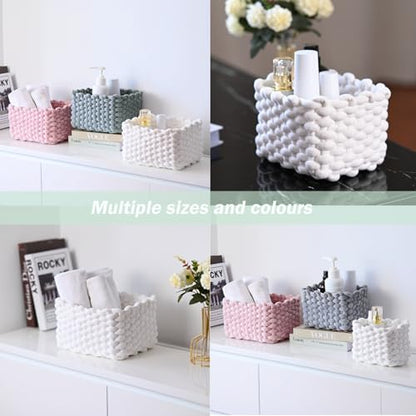 hand-knitted velvet rope storage basket set of 3 - soft cotton rope desktop cosmetics organizer box - nesting multi-functional storage basket (white) - color: White
