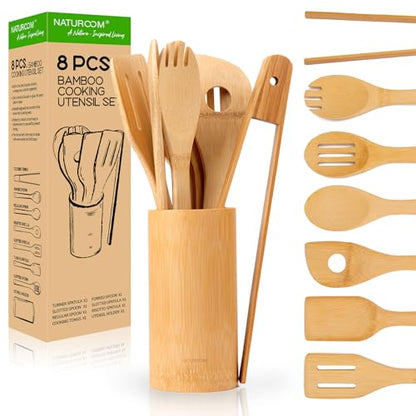 Kitchen Utensils Set of 8 PCS, 12Inches Bamboo Wooden Cooking Spoon & Spatula Tools Perfect for Non-Stick Cookware (Bamboo 12inches) - size: 8 Pieces (12 inches)