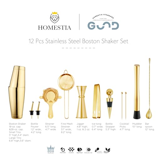 Homestia 12 Pieces Boston Cocktail Shaker Set, Mixology Bartender Kit, Gold | Stainless Steel Bar Set Accessories, 18 oz/28oz Weighted Boston Shaker Tins, Martini Shaker Mixing Tools for Home Bartending - color: Gold