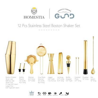 Homestia 12 Pieces Boston Cocktail Shaker Set, Mixology Bartender Kit, Gold | Stainless Steel Bar Set Accessories, 18 oz/28oz Weighted Boston Shaker Tins, Martini Shaker Mixing Tools for Home Bartending - color: Gold