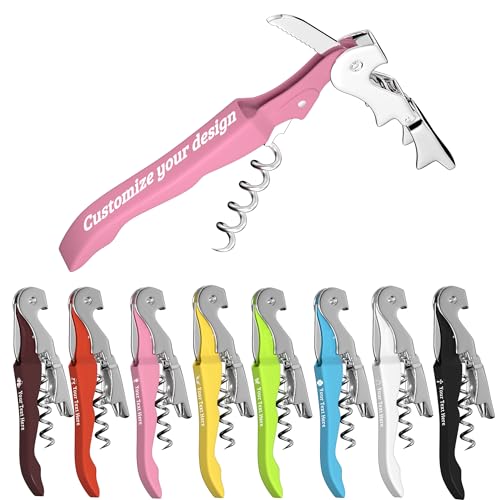 Custom Wine Opener Bulk, Laser Personalized Logo & Text, for Bar Weddings | Waiter Corkscrew Wine Key with Foil Cutter,Double Hinged Stainless Steel Wine Bottle Opener,for Servers,Bartenders,Sommelier - color: Pink