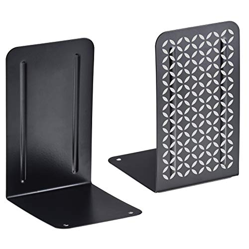 Acrimet Bookends for Shelves, Non-Skid Book Holder, Heavy Duty Steel Metal Book Ends for Home, Library, 6 7/8" H x 4" W x 4 1/2" D (Black Bookends with Silver Design) (1 Pair / 2 Pieces) - color: Black Bookend With Silver Design, size: 10 cm X 11,5 cm X 1