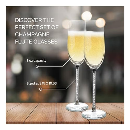 American Atelier Champagne Flutes, Set of 2, Gem Filled Stem, 10in