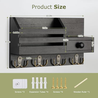 Key Holder Wall Mount, Wooden Key and Mail Organizer, Black | 2 Mount Options, Includes 8 Hooks, Fence Mail Slot, Small Drawer and Shelf, for Entryway, Hallway, Doorway, Living Room, RV - color: Black