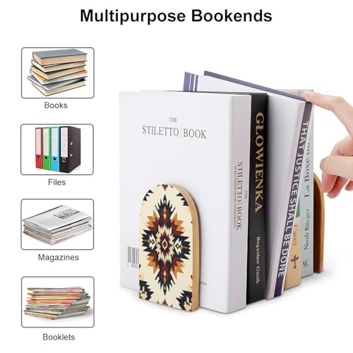 Native Geometric Pattern Southwestern Wooden Bookends Shelves 2 PCS Sturdy Book Holders Desktop Organizer for Home Office Libraries