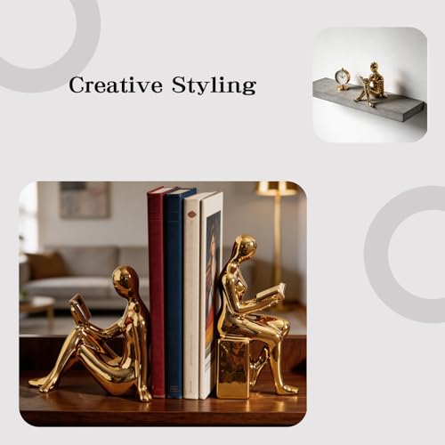 Gold Bookends,Gold Book Ends,Decorative Bookend – Modern Ceramic Bookends for Shelves, Perfect for Modern Home Decor, Office, and Living Room Shelf Display
