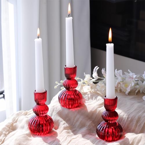 Woho 3pcs Red Taper Candle Holders Glass, Candlestick Holders for Christmas | 4.3" H Vintage Ribbed Taper Candle Holders for Dining Table, Candle Sticks Holder Decor for Valentines Day/Patriotic Holidays - color: Red