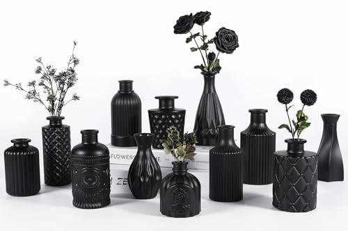 12 Pcs Black Glass Bud Vase Set, Small Vases for Flowers | Bud Vase for Centerpieces in Bulk, Mini Vintage Vase, For Rustic Wedding Decorations, Office and Home Table Flower Décor - color: Black-12pcs, size: 12Pcs