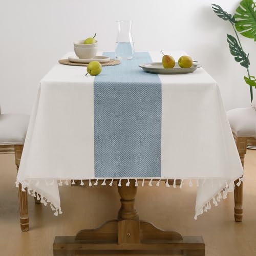 Softalker Outdoor Linen Tablecloth Square, Waterproof Cotton Boho Farmhouse Table Cloths with Tassel, Heavy Weight Wrinkle Free Table Cover for Picnic Camping Dining - 55 x 55 Inch, Blue Stripe - color: Blue Stripe, size: 55" x 55" (Square)
