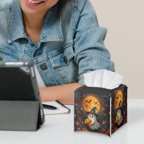 Cute Halloween Ghost Square Tissue Box Cover | Lightweight Square Napkin Storage Holder, Funny ghost graphic adds festive atmosphere for fall & Halloween party - color: Cute Ghost Halloween Forest