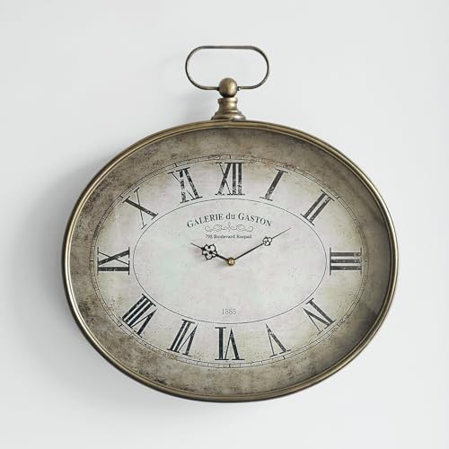 Large Decorative Wall Clock - 20 inch, Distressed Gold, Oval Pocket Watch Design, Roman Numerals, Battery Operated, Large Antique Style for Living Room, Kitchen, Bedroom Decor - size: 20''