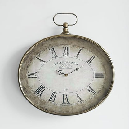Large Decorative Wall Clock - 20 inch, Distressed Gold, Oval Pocket Watch Design, Roman Numerals, Battery Operated, Large Antique Style for Living Room, Kitchen, Bedroom Decor - size: 20''