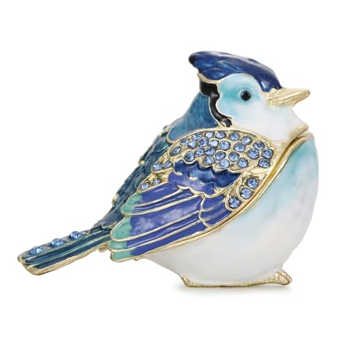 Hand Painted Enamel Blue Jay Trinket Box for Home Decor, Hinged Jewelry Organizer for Ring Earrings, Unique Figurine Keepsake Collectible Personalized Elegant Handmade Ornament Gifts (Blue Jay) - color: Blue Jay