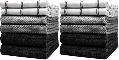 Premium Kitchen Towels (20”x 28”, 12 Pack) | Large Cotton Dish Towels | Flat & Terry Highly Absorbent Kitchen Linen Set with Hanging Loop | Black Check - color: Black Check, size: Kitchen Towels - Mixed Styles (Pack of 2)